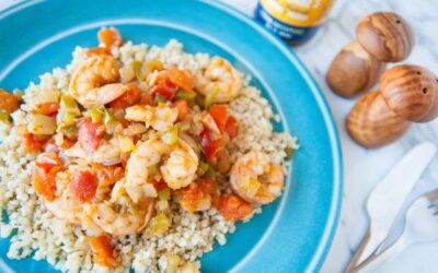 Cauliflower Rice with Grilled Shrimp and Spicy Drizzle