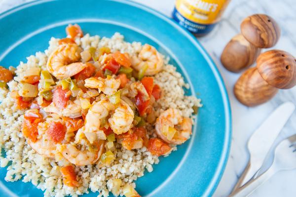 Cauliflower Rice with Grilled Shrimp and Spicy Drizzle